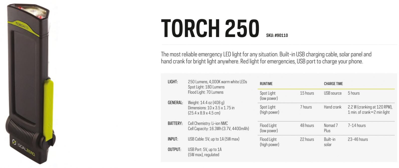 Goal Zero Multi-purpose Torch 250 Flashlight, rechargeable, usb port, phone charging