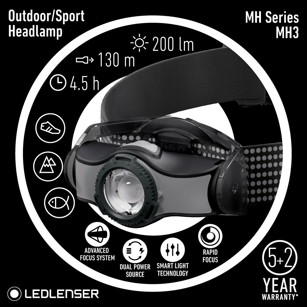 LED Lenser MH3 Headlamp, AA Battery, 200 Lumens at 92g, Advanced Focus System, Dual Power Source, Rapid Focus, headlight, night hiking, lamp, lampu kepala