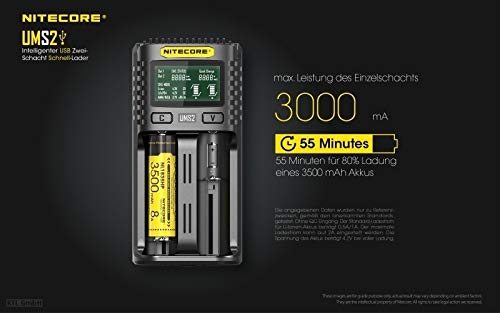 Nitecore UMS2 USB Universal 2-Port Speedy Smart Battery Charger for Li-Ion/Ni-MH/Ni-Cd/IMR 26650 22650 21700 20700 18650 18490 18350 17670 17500 17335 16340 RCR123 14500 10440 AA AAA AAAA C D Batterie