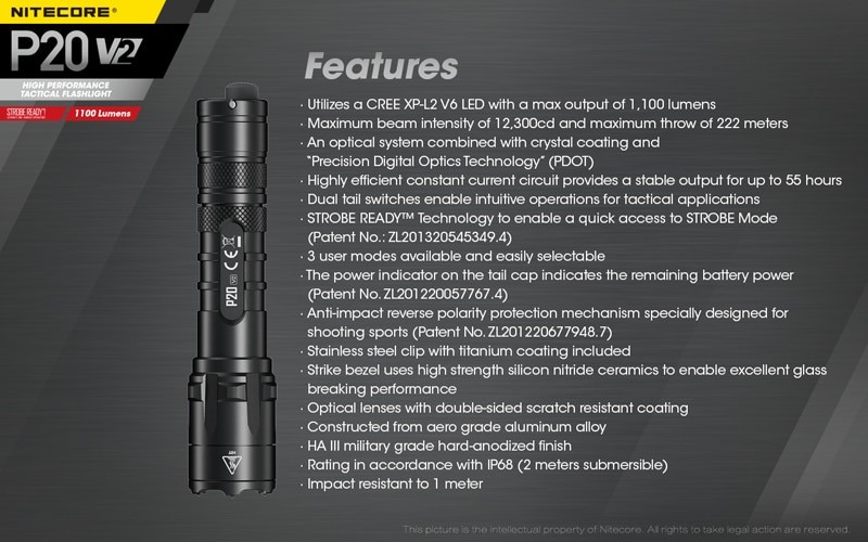 NITECORE P20 V2 1100 Lumens Tactical Flashlight, torchlight, lampu suluh, hiking, camping, cahaya