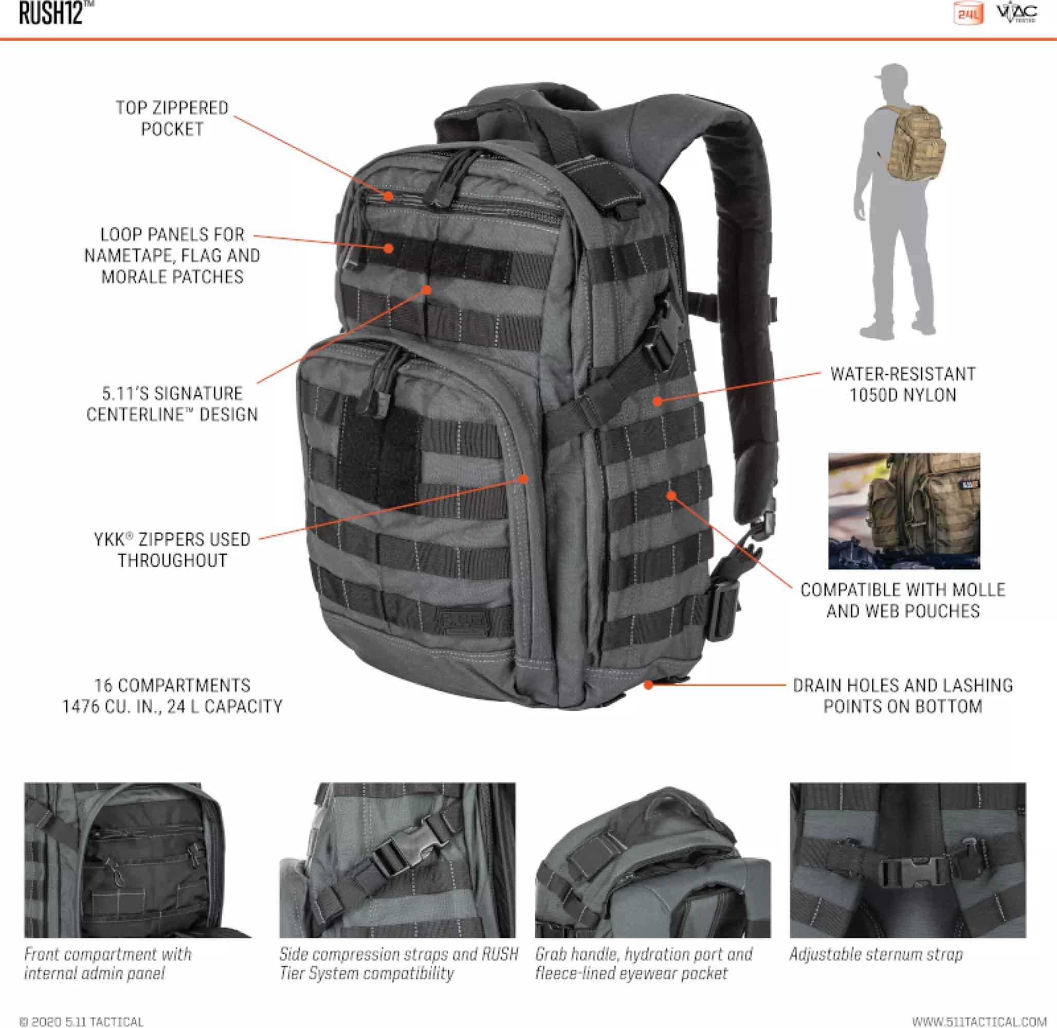 5.11 TACTICAL Rush 12 Backpack, spacious, hiking, camping, beg, outdoor, adventure, activity