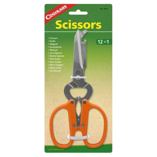 Coghlan’s 12-in-1 Scissors, gunting, outdoor survival tools, survival kit, emergency kit, tools, coghlans, useful, scissor, screwdriver, magnet, can opener, wrench, fish scaler, nutcracker, jar wrench, wire cutter, wire stripper, bottle opener.