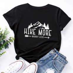Hike More Worry Less Women’s T-Shirt t-shirt, Hike more t-shirt, letter print tops, mountain graphic shirt, short sleeve tee shirt, crew neck, cotton blend, summer casual tee tops, outdoor adventure tees, tops, jersey, shirt, women wear, travel, hiker, hike more worry lest, hikers life, lifestyle