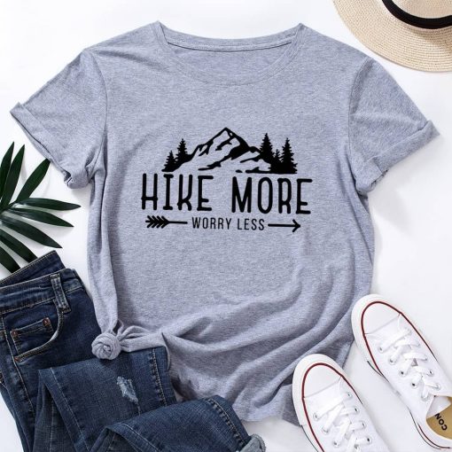 Hike More Worry Less Women’s T-Shirt t-shirt, Hike more t-shirt, letter print tops, mountain graphic shirt, short sleeve tee shirt, crew neck, cotton blend, summer casual tee tops, outdoor adventure tees, tops, jersey, shirt, women wear, travel, hiker, hike more worry lest, hikers life, lifestyle