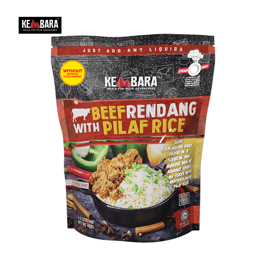 KEMBARA Lamb Kuzi with Hujan Panas Rice, KEMBARA Nasi Lemak with Chicken Rendang, KEMBARA Chicken Masak Merah with Tomato Rice, KEMBARA Beef Rendang With Pilaf Rice, kembara meals, kembara food, kembara food warmer add on, kembara travel food, kembara camping food