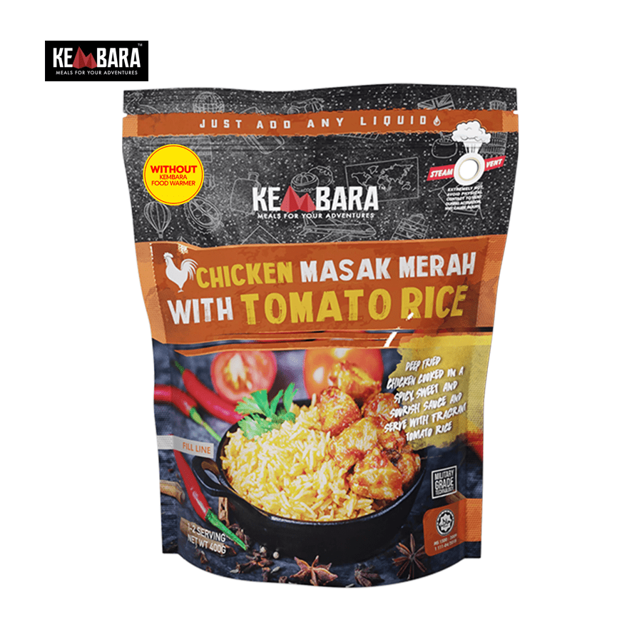KEMBARA Lamb Kuzi with Hujan Panas Rice, KEMBARA Nasi Lemak with Chicken Rendang, KEMBARA Chicken Masak Merah with Tomato Rice, KEMBARA Beef Rendang With Pilaf Rice, kembara meals, kembara food, kembara food warmer add on, kembara travel food, kembara camping food