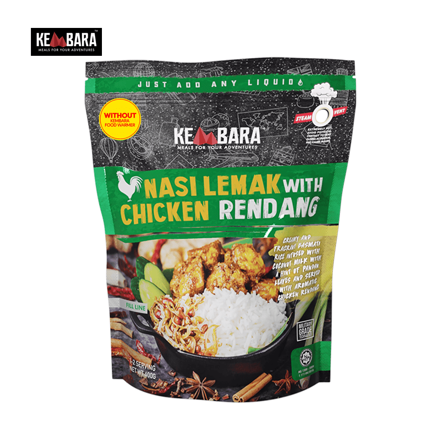 KEMBARA Lamb Kuzi with Hujan Panas Rice, KEMBARA Nasi Lemak with Chicken Rendang, KEMBARA Chicken Masak Merah with Tomato Rice, KEMBARA Beef Rendang With Pilaf Rice, kembara meals, kembara food, kembara food warmer add on, kembara travel food, kembara camping food