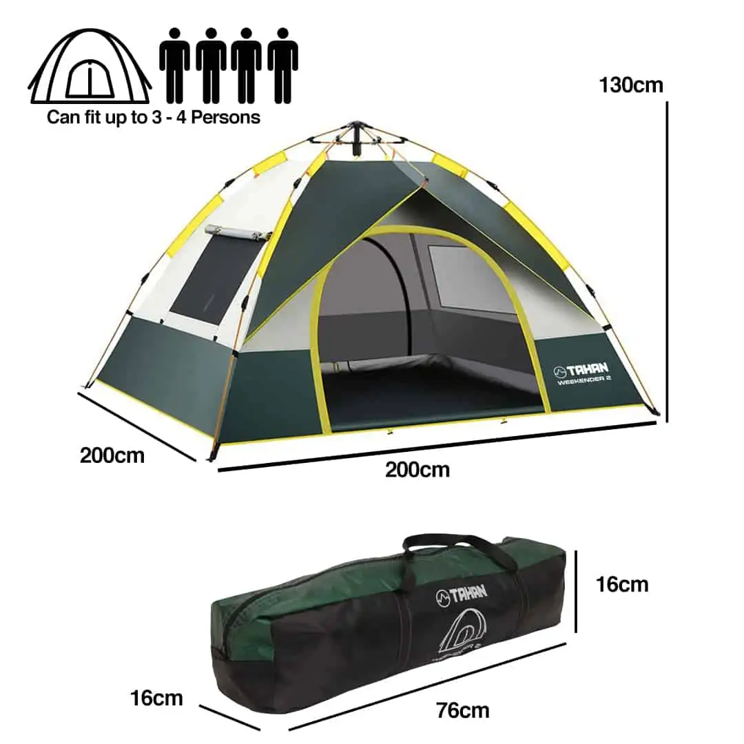 Jom Camping Combo, PTT Outdoor, TAHAN Weekender Automatic Tent Silver Green 4P 1,