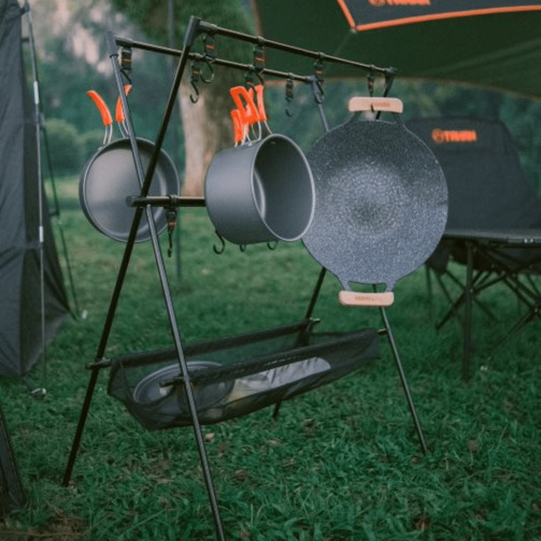 Foldable Camping Hanging Rack with Mesh Basket, PTT Outdoor, Foldable Camping Hanging Rack with Mesh Basket lifestyle 1,